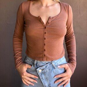 brown/tan button up long sleeve top
